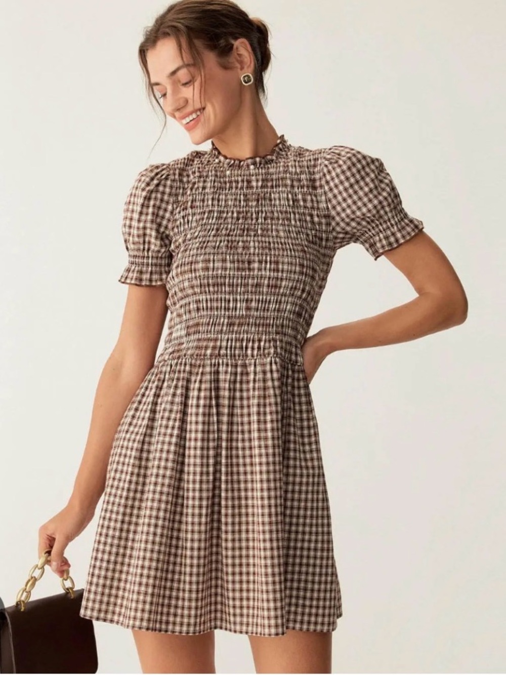 RIHOAS Brown Gingham Long Sleeve Smocked Waist Dress